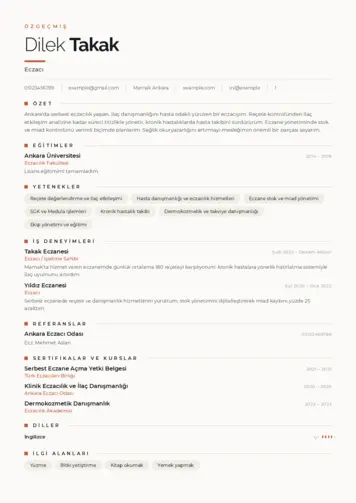 Eczacı CV Örnekleri cv indir